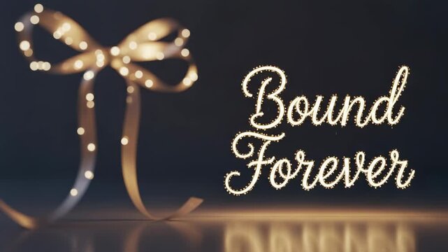 Glowing ribbon bow and shining text Bound Forever, concept of married life and everlasting love bond for wedding celebration card.