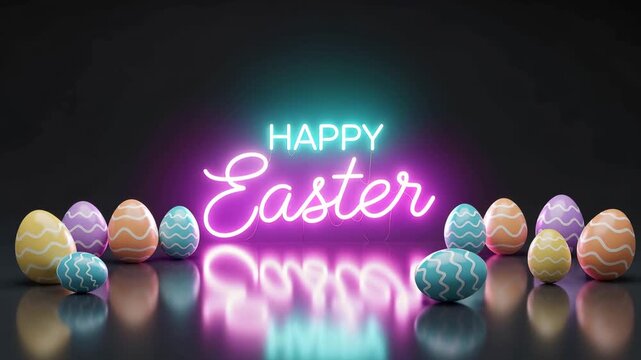 Neon Happy Easter sign with patterned eggs on a dark reflective surface. Spring holiday celebration concept for banner.	
