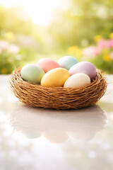 Obraz premium Easter Eggs in Nest on Reflective Surface with Soft Bokeh Background