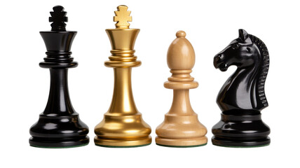 Chess pieces in different colors and king queen knight isolated on a transparent background