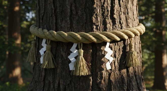 神社の御神木に巻かれた注連縄と紙垂