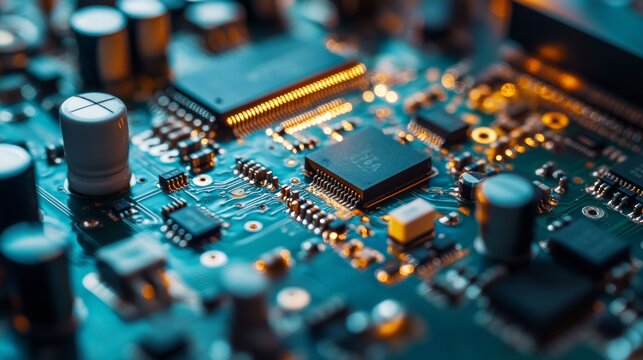A close-up photograph of a printed circuit board (PCB) with illuminated LEDs and various electronic components. The image captures the intricate details and complexity of modern electronics.