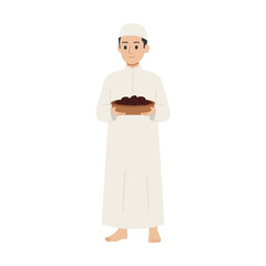 Muslim man holding a plate of dates fruit for iftar flat vector