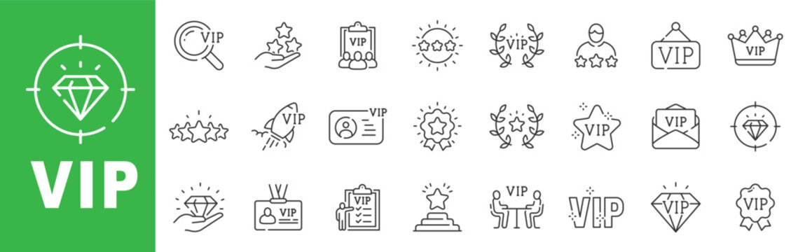 VIP premium line icon set featuring exclusive membership, crown, diamond, award badges and editable stroke outline symbols.