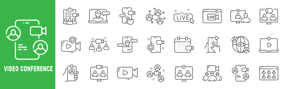 Video conference line icon set featuring live streaming, online meeting, webinar communication and editable stroke outline symbols.