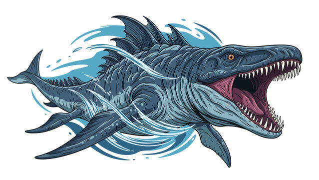 Massive prehistoric sea monster jumps from the dark blue water with its huge jaws wide open in a dramatic scene.