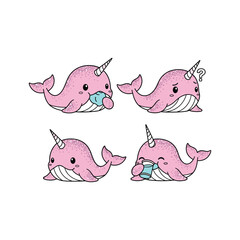 Cute cartoon narwhals with different emotions on white background © MAJEDA STOCK