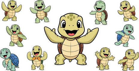 Set of green sea turtle character poses with various expressions © Sadew