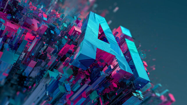 Dynamic 3D AI letters emerging from a futuristic digital landscape in neon blue and pink tones, symbolizing artificial intelligence, data innovation, machine learning, and next generation technology.