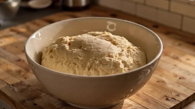 Dough rising in a bowl on wooden counter in kitchen  