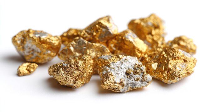 Close up of golden pyrite mineral specimens on white surface