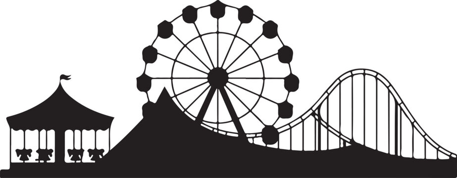 Black silhouette amusement park with ferris wheel roller coaster and bandstand