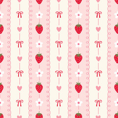 Pastel cottagecore seamless pattern with vertical stripes of sweet strawberries, white flowers, pink hearts, and red bows, pink loopy line, for feminine branding, textiles, gift wrap.