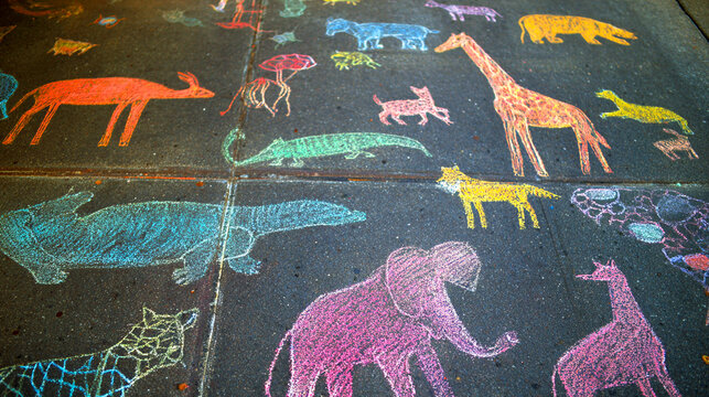 Colorful Sidewalk Chalk Animal Drawings on Pavement