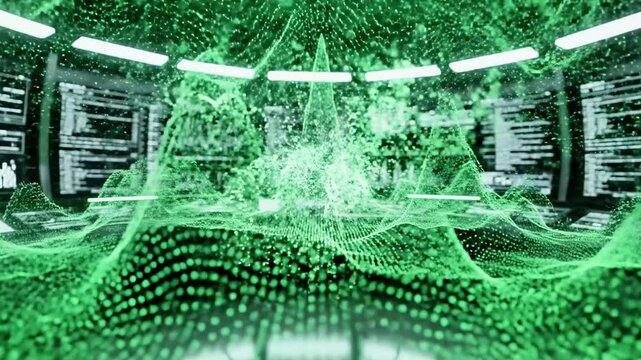 A futuristic, dimly lit room with a large, green, 3D network visualization projected on a surface, surrounded by rows of computer servers and illuminated by overhead lights