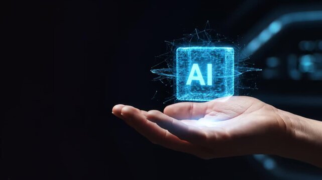 Glowing AI Cube Floating Above Hand, Symbolizing Artificial Intelligence and Future Technology, Seamless Loop