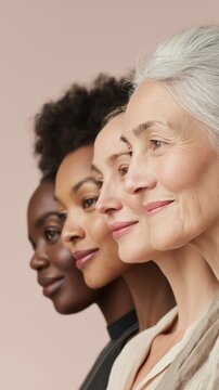 Three women of different ages and races are standing next to each other, smiling