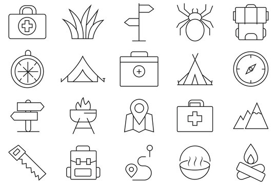 Camping vector icon set. Out line icon of Campfire, lantern, flashlight, tent, backpack, canned food, map,  hiking, fishing, travel, camping. Vector illustration.