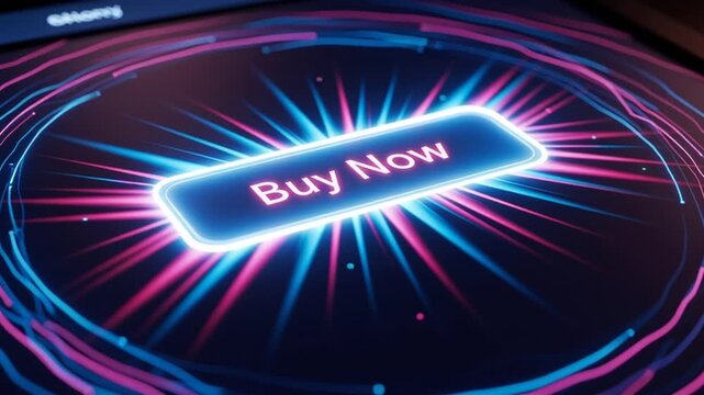 A video showcasing a neon Buy Now button with pink and blue lights on a dark background, encouraging viewers to make a purchase online