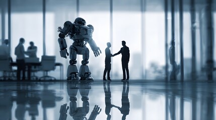 Corporate future workplace team collaborating with advanced robotic advisor depth cinematic atmosphere