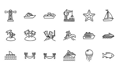 Thin Line Marine Travel and Ocean Adventure Icon Set with Lighthouse and Cruise Ship Outline Symbols © Shukimon