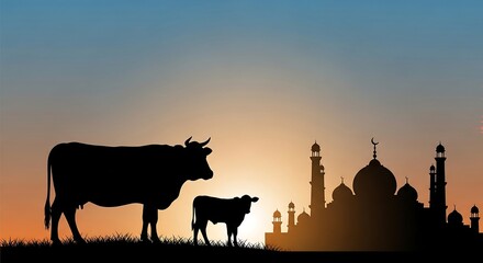 Fototapeta premium Serene silhouette of cows and mosque at sunset