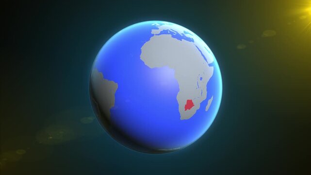 The animation shows a graphic representation of the earth and highlights the location and map of Botswana colored red.