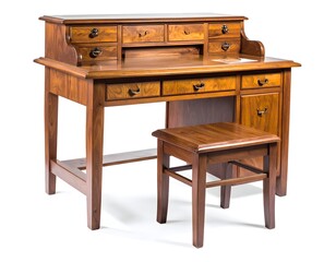 Vintage Wooden Desk with Matching Stool and Multiple Drawers
