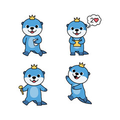 Cartoon blue bear character with crown in various poses on white background