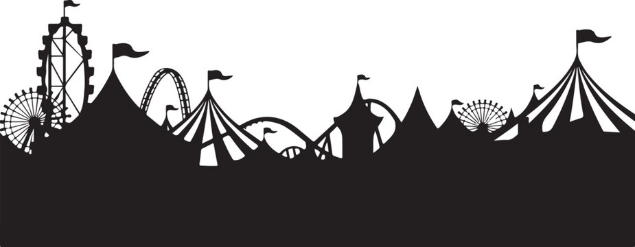 Black silhouette carnival landscape with rides and tents