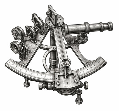 Antique Sextant Vintage Engraved Navigation Instrument Illustration Isolated on White