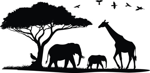 Black silhouette illustration of African savanna wildlife with elephants, giraffe, tree, and birds representing nature and ecosystem themes © Hello There