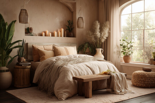 Cozy bedroom aesthetic with plants and candles
