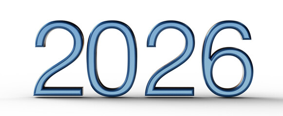 Bold blue metallic 2026 text isolated on white, symbolizing New Year, future, goals and planning.