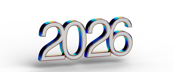 3D rendered illustration of the year 2026 in shiny metallic style, perfect for new year themes,...