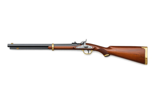 Antique flintlock rifle with polished wood and brass accents on a black background