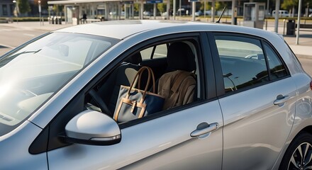 Silver car parked at fueling station with shopping bags visible inside the open window