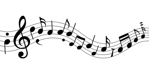 Elegant musical notes flowing in a wavy pattern on a white background isolated on transparent background © AZIFA