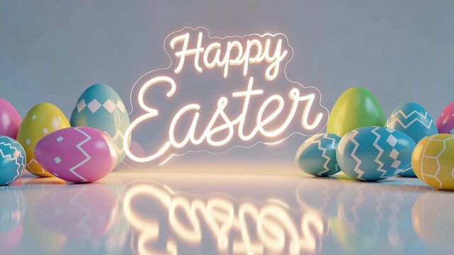 Happy Easter neon sign with colorful decorated eggs. Festive spring holiday celebration concept for greeting card and banner design.