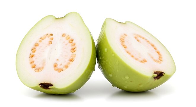 Two Halves of a Ripe Green Guava Fruit with Water Droplets