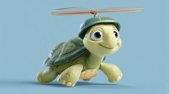 Happy Cartoon Turtle Flying with a Propeller Hat