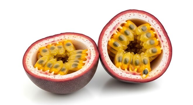 Two Halves of a Passion Fruit with Yellow Pulp and Seeds