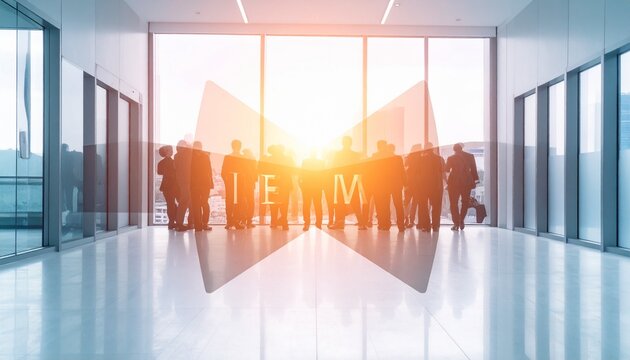 Abstract team spirit and corporate culture background, warm soft light layers blending together, transparent shapes forming a unified structure, calm professional atmosphere, pastel corporate colors,
