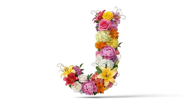 Vibrant letter J formed with a profusion of colorful garden flowers