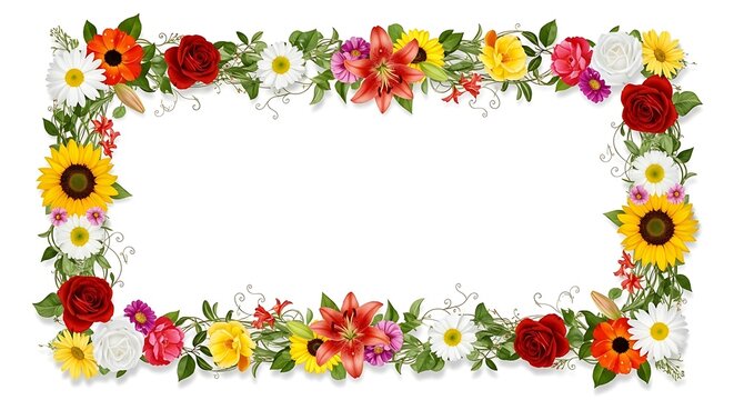 Vibrant flower border with lilies roses and sunflowers Keywords: flower border, floral frame