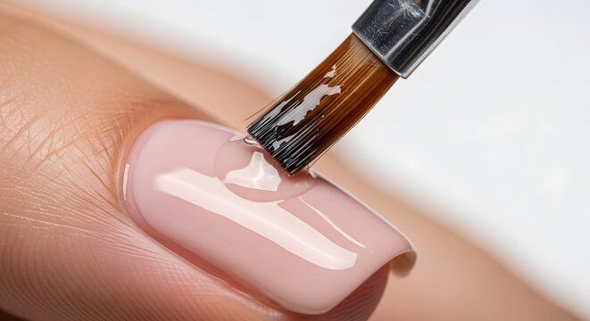 Close Up of Clear Top Coat Application on Natural Pink Nail Manicure