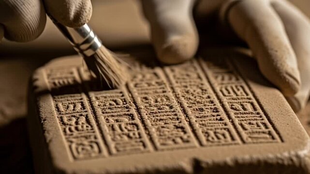 A person skillfully carves intricate designs into a clay tablet using a small brush in a video.