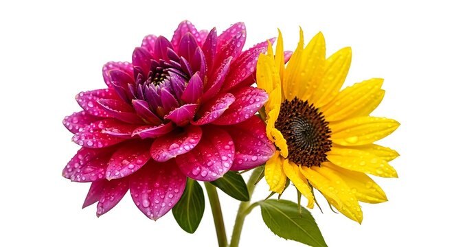 Wet Pink Dahlia and Yellow Sunflower Close-up pink flower