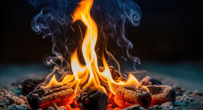 Close up of burning flames and embers against a dark background copy space
