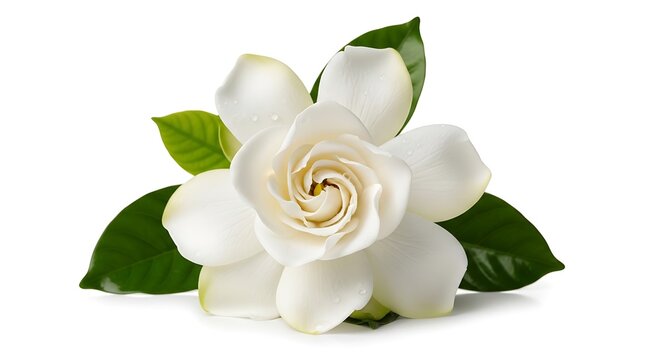 White Gardenia Flower with Water Droplets and Leaves